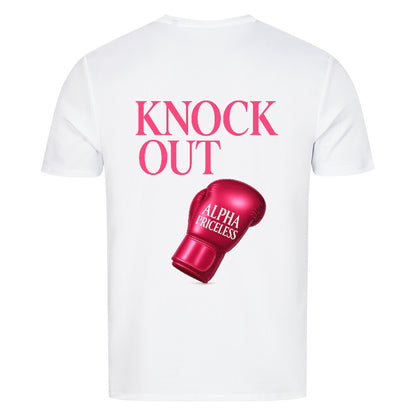 Rückansicht des Alpha Priceless Knock Out Sport T-Shirts mit rotem Boxhandschuh, der den Schriftzug "KNOCK OUT" zeigt.