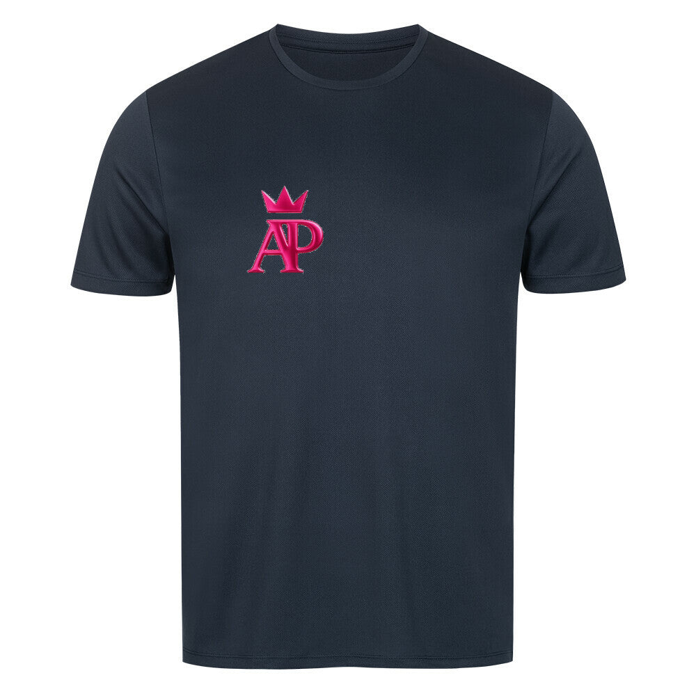 Alpha Priceless Knock Out Sport T-Shirt in navy blue with pink crown logo on the front.