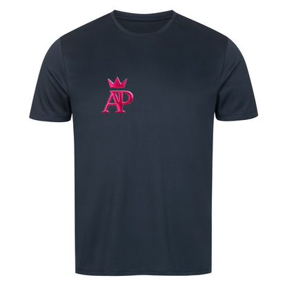 Alpha Priceless Knock Out Sport T-Shirt in navy blue with pink crown logo on the front.