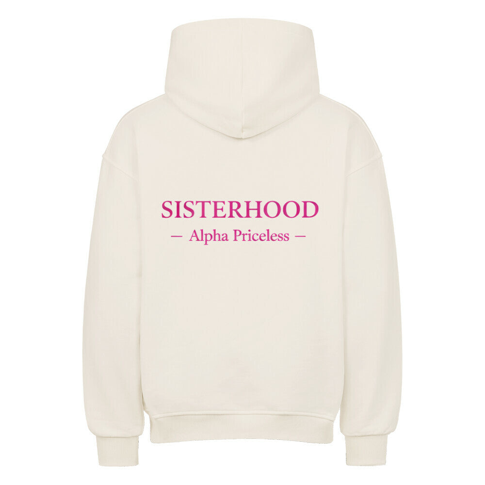 Rückansicht des VACANCY Ultimate Sisterhood Oversized Shirt mit Schriftzug "SISTERHOOD Alpha Priceless".