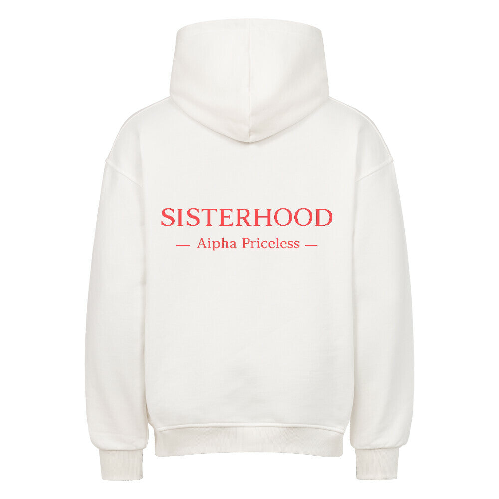 VACANCY Comfort Sisterhood Oversized Sweatshirt in white with red 'SISTERHOOD' design on the back.