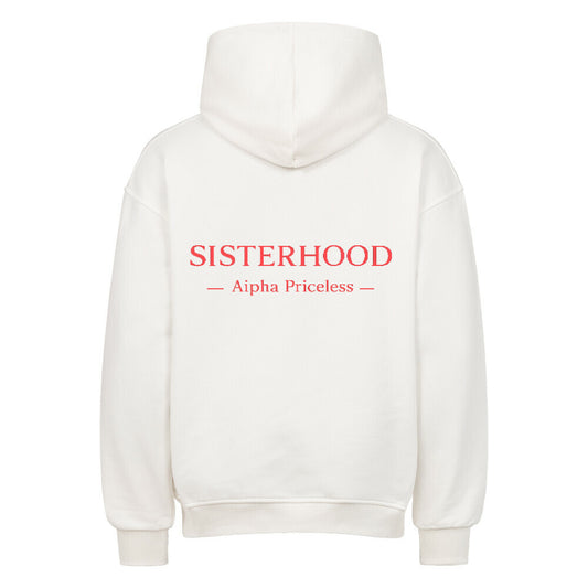 VACANCY Comfort Sisterhood Oversized Sweatshirt in white with red 'SISTERHOOD' design on the back.