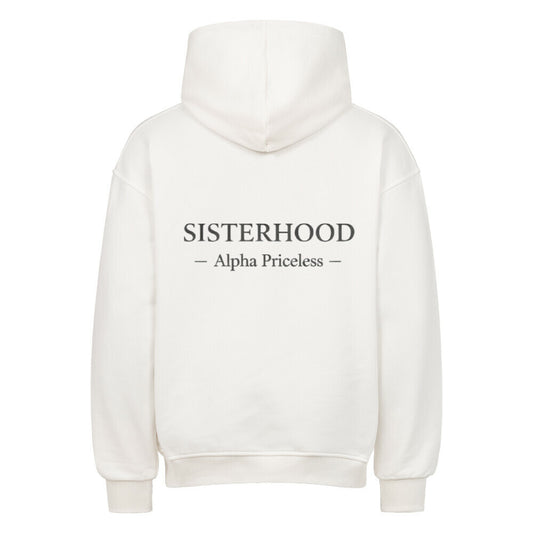 VACANCY Ultimate Sisterhood Oversized Hoodie Rückansicht mit Schriftzug "SISTERHOOD Alpha Priceless".