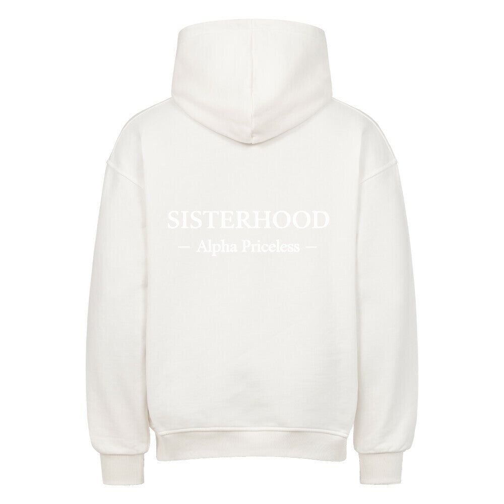 Rückansicht des VACANCY Unmatched Sisterhood Oversized Hoodies in Weiß mit dem Schriftzug "SISTERHOOD - Alpha Priceless".
