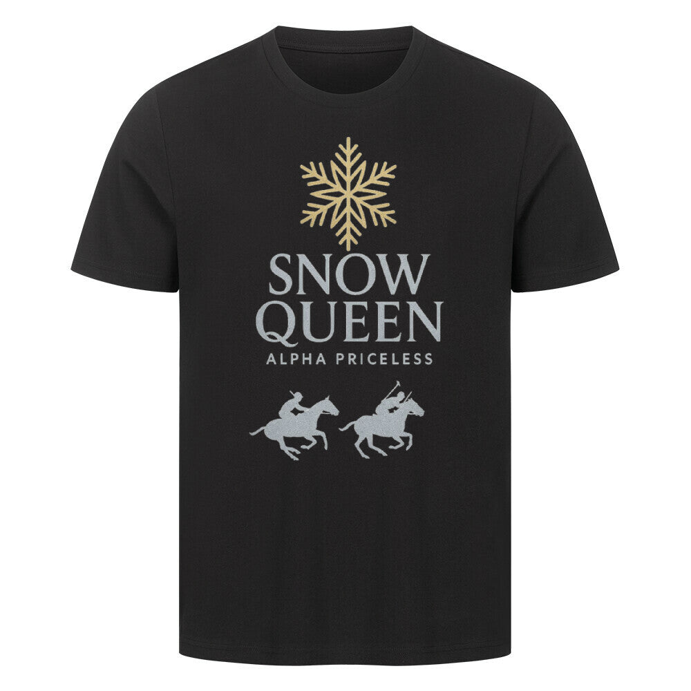 HigherBlanks Snow Queen Premium T-Shirt mit Schneeflocken- und Pferdemotiv auf schwarzem Hintergrund.