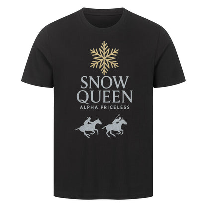 HigherBlanks Snow Queen Premium T-Shirt mit Schneeflocken- und Pferdemotiv auf schwarzem Hintergrund.