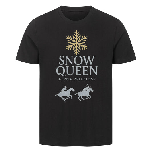 HigherBlanks Snow Queen Premium T-Shirt mit Schneeflocken- und Pferdemotiv auf schwarzem Hintergrund.