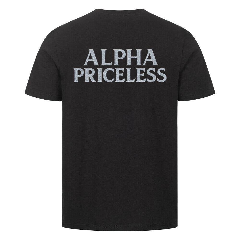 HigherBlanks Snow Queen Premium T-Shirt in black with 'ALPHA PRICELESS' text on the back.