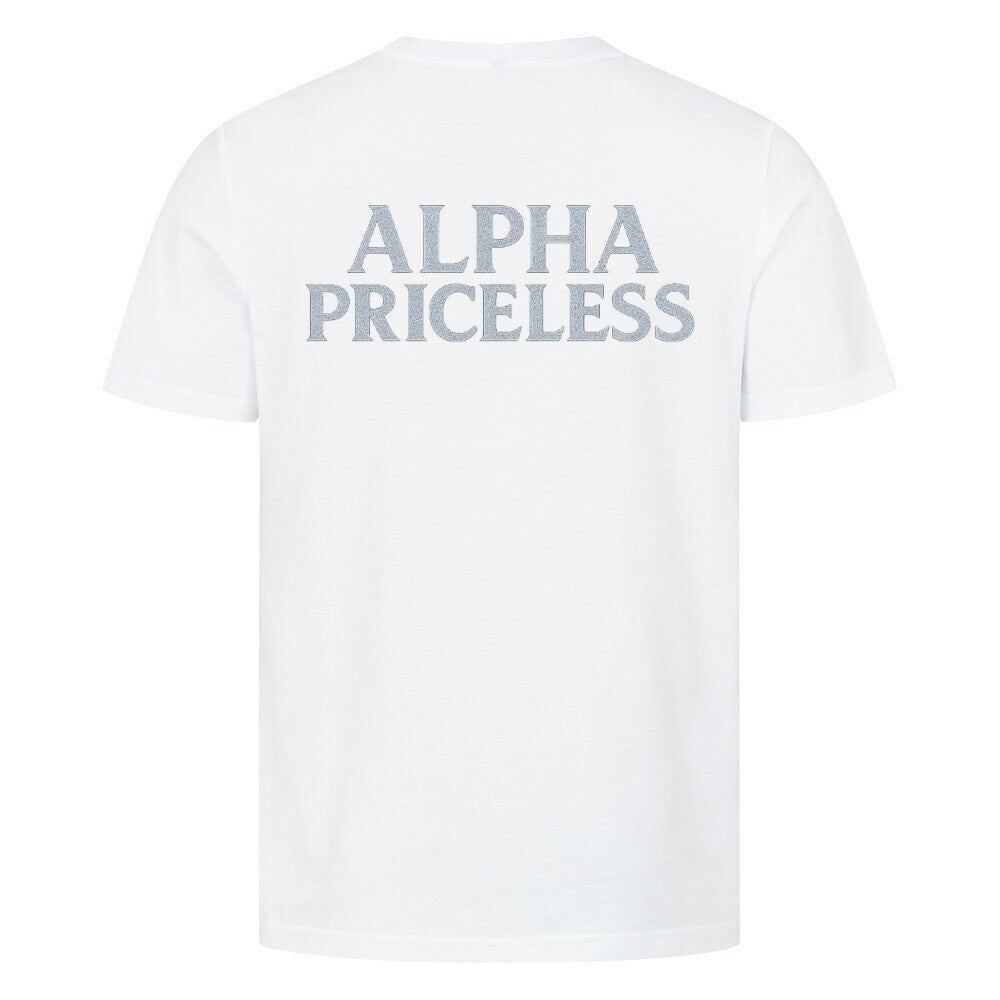 HigherBlanks Snow Queen Premium T-Shirt in white with 'ALPHA PRICELESS' printed on the back.