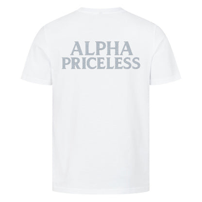 HigherBlanks Snow Queen Premium T-Shirt in white with 'ALPHA PRICELESS' printed on the back.