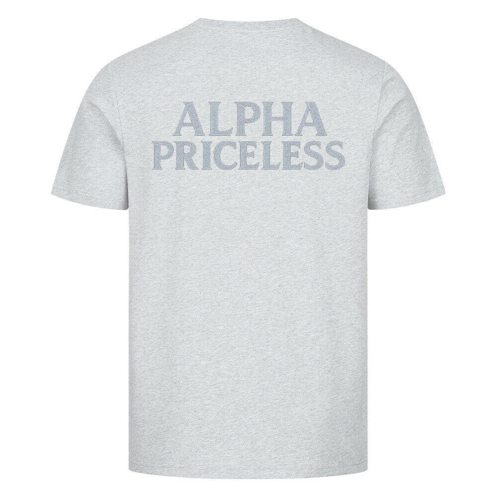 HigherBlanks Snow Queen Premium T-Shirt in gray with 'ALPHA PRICELESS' print on the back.