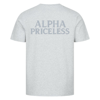 HigherBlanks Snow Queen Premium T-Shirt in gray with 'ALPHA PRICELESS' print on the back.