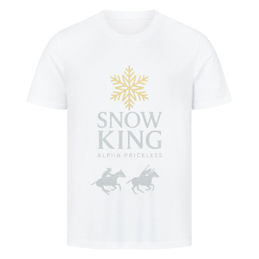 HigherBlanks Snow King Premium T-Shirt mit Schneeflocken-Design und Pferdemotiven in weißem Hintergrund.