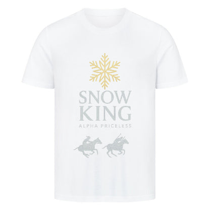 HigherBlanks Snow King Premium T-Shirt mit Schneeflocken-Design und Pferdemotiven in weißem Hintergrund.