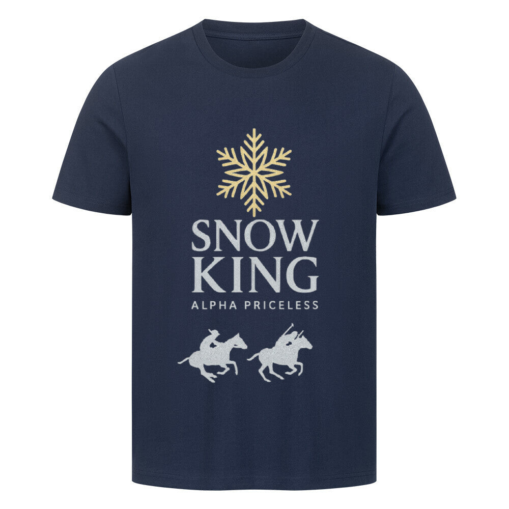 HigherBlanks Snow King Premium T-Shirt in navy blue with snowflake and horse graphic design.