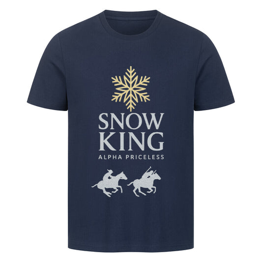 HigherBlanks Snow King Premium T-Shirt in navy blue with snowflake and horse graphic design.