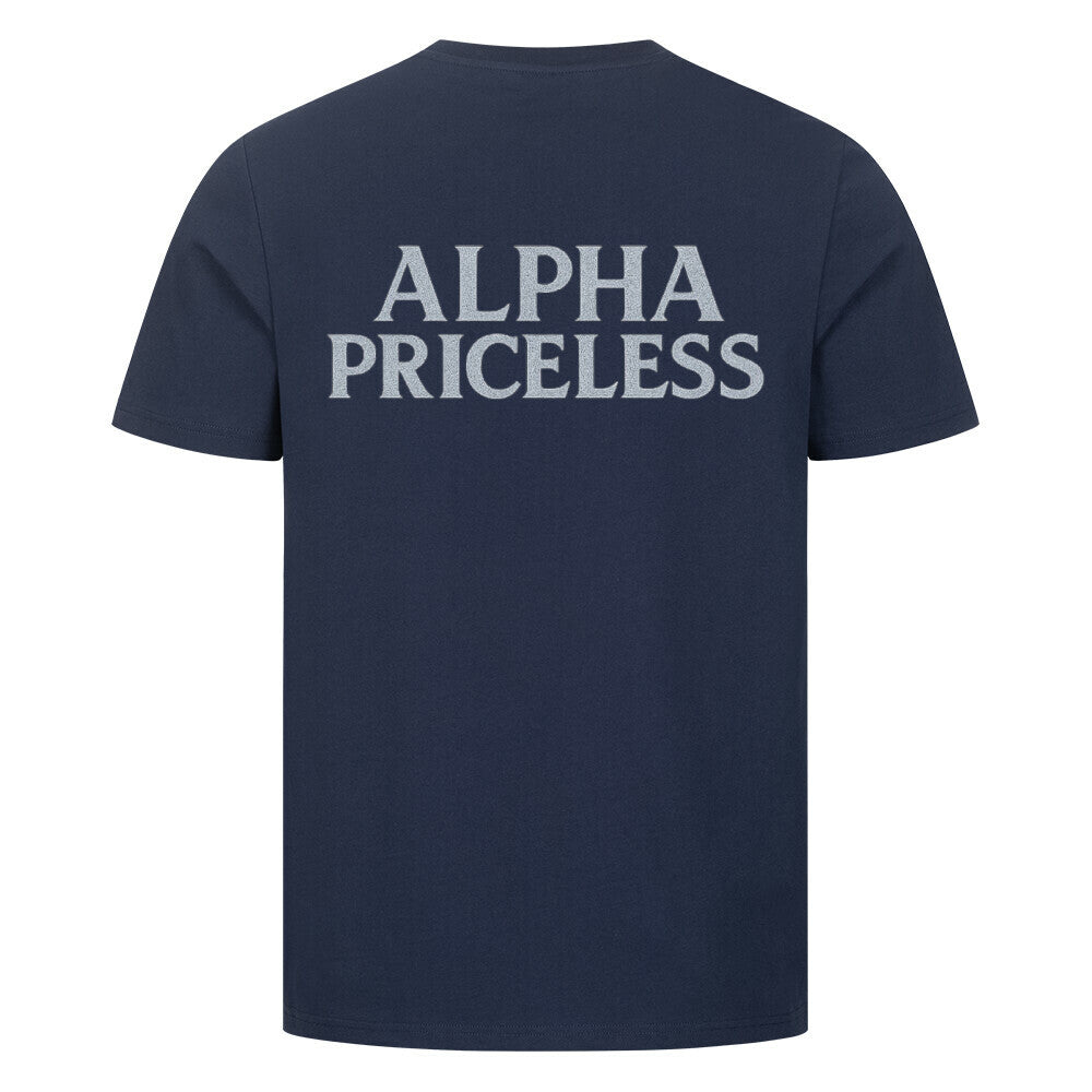 HigherBlanks Snow King Premium T-Shirt in navy with 'ALPHA PRICELESS' text on the back.