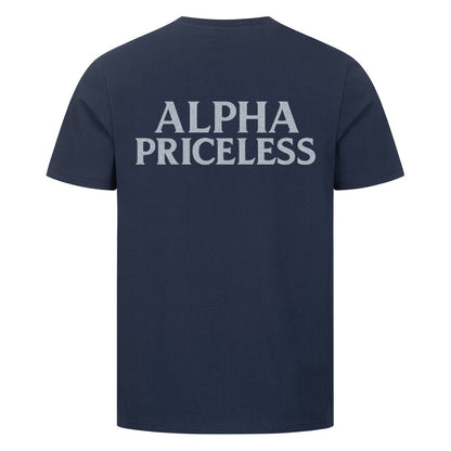 HigherBlanks Snow King Premium T-Shirt in navy with 'ALPHA PRICELESS' text on the back.