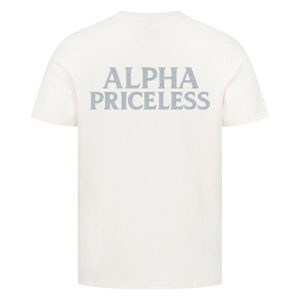 HigherBlanks Snow King Premium T-Shirt in cream color with 'ALPHA PRICELESS' text on the back.