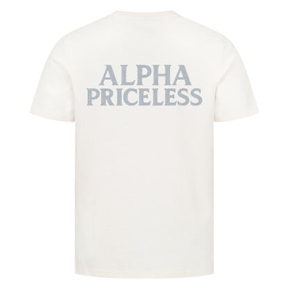 HigherBlanks Snow King Premium T-Shirt in cream color with 'ALPHA PRICELESS' text on the back.
