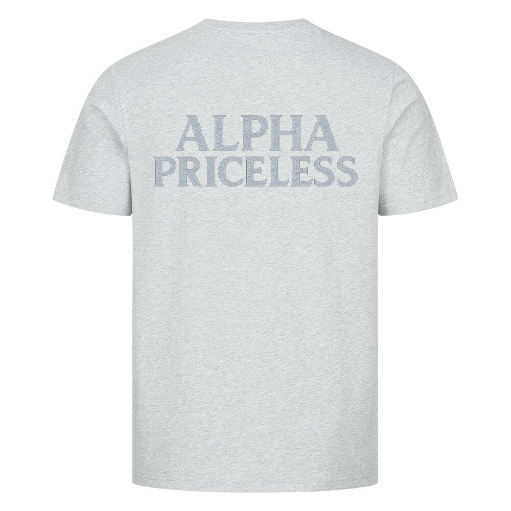 Hint: HigherBlanks Snow King Premium T-Shirt in gray with 'ALPHA PRICELESS' text on the back.