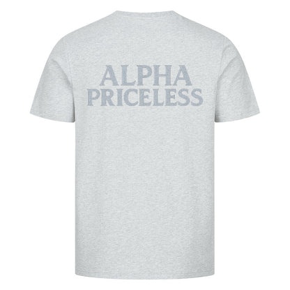 Hint: HigherBlanks Snow King Premium T-Shirt in gray with 'ALPHA PRICELESS' text on the back.