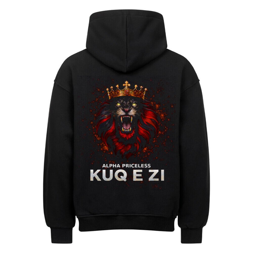 VACANCY KUQ E ZI Oversized Black Hoodie mit Löwenmotiv und Krone auf der Rückseite