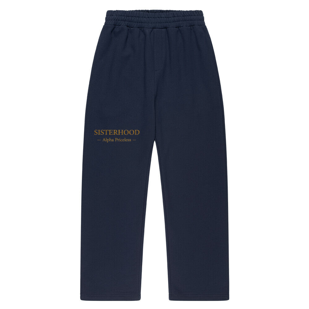 VACANCY Sisterhood Oversized Hoodie, navy blue casual pants with 'SISTERHOOD' printed on front.