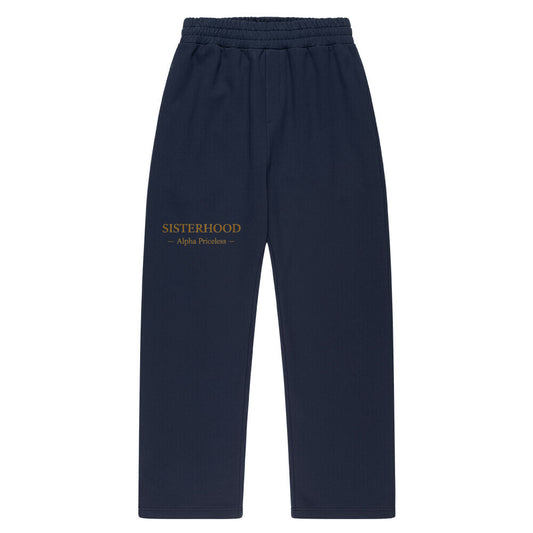 VACANCY Sisterhood Oversized Hoodie, navy blue casual pants with 'SISTERHOOD' printed on front.