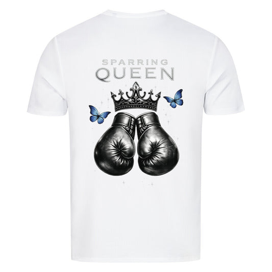 Sport T-Shirt Alpha Priceless Sparring Queen - PerformX Tee mit Boxhandschuhen und Krone auf weißem Hintergrund.