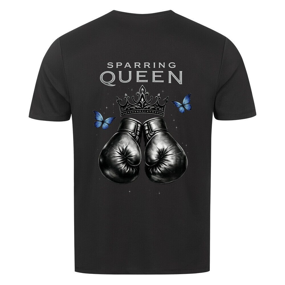Sport T-Shirt Alpha Priceless Sparring Queen - PerformX Tee mit boxerhandschuhen und krone auf schwarzem Hintergrund.