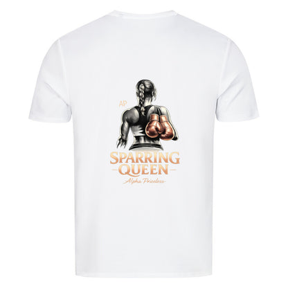 Sport T-Shirt Sparring Queen Tee, weißes Trainingstop mit Boxhandschuhen auf der Rückseite für Frauen.