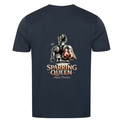 Sport T-Shirt Sparring Queen Tee mit Rückansicht, Kampfkunstmotiv und Boxhandschuhen.