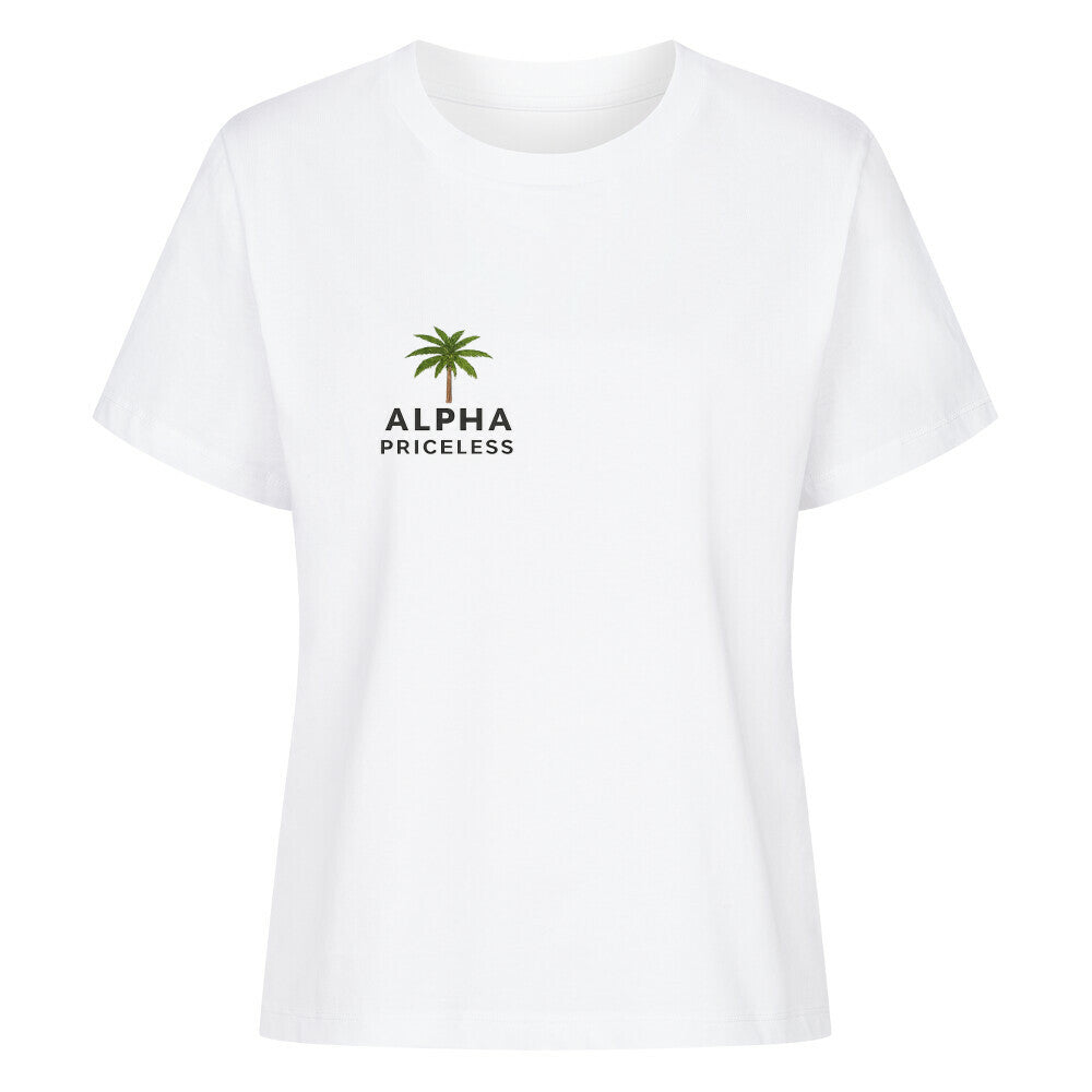 Dont break my vibes - Classic Alpha Priceless weißes T-Shirt mit grünem Palmendesign und Alpha Priceless Schriftzug.