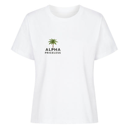Dont break my vibes - Classic Alpha Priceless weißes T-Shirt mit grünem Palmendesign und Alpha Priceless Schriftzug.