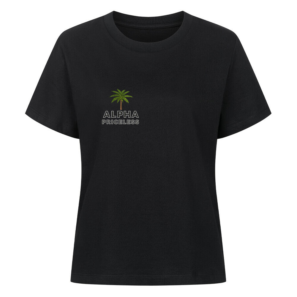 Premium Organic Coconut Shirt Tee in black with palm tree graphic and "ALPHA PRICELESS" text design.