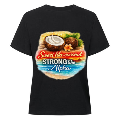 Premium Organic Coconut Shirt Tee mit buntem Kokosnuss-Design auf schwarzem T-Shirt-Hintergrund.