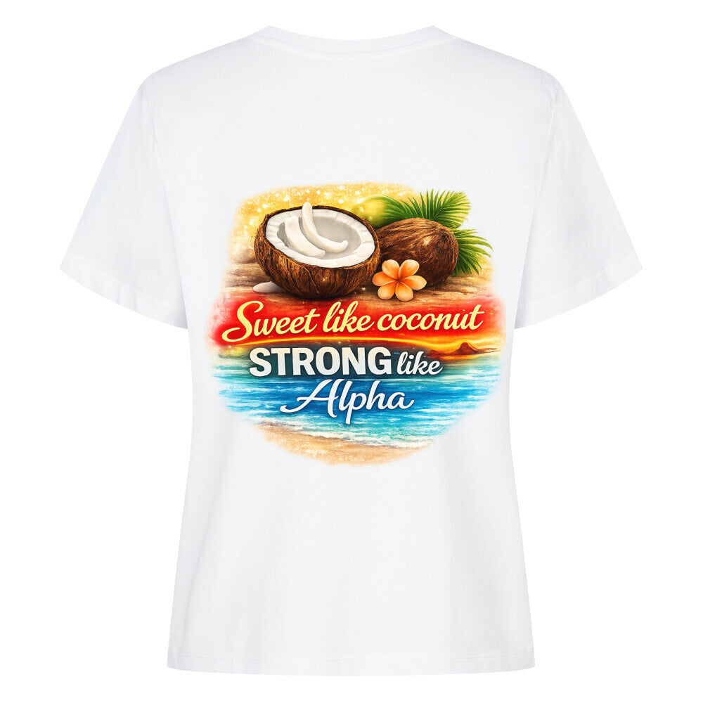 Premium Organic Coconut Shirt Tee mit buntem Kokosnussdesign und inspirierendem Slogan auf dem Rücken.