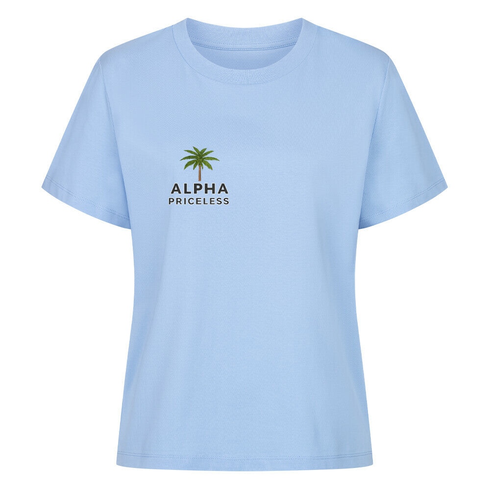 Premium Organic Coconut Shirt Tee in light blue color with palm tree design and 'ALPHA PRICLESS' text.