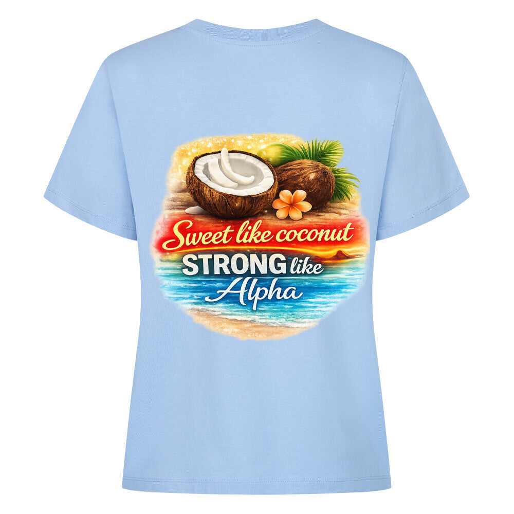 Premium Organic Coconut Shirt Tee mit buntem Kokosnuss-Design und dem Spruch "Sweet like coconut STRONG like Alpha".