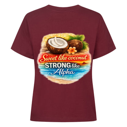 Premium Organic Coconut Shirt Tee mit Kokosnuss-Motiv und Spruch "Sweet like coconut STRONG like Alpha"
