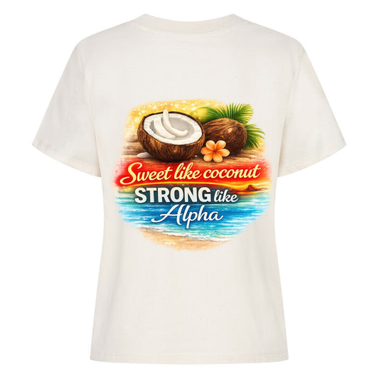Premium Organic Coconut Shirt Tee mit buntem Kokosnuss-Design auf der Rückseite, das Komfort und Stil vereint.
