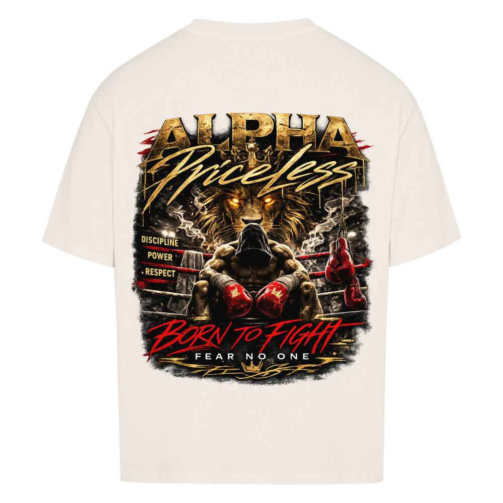 Alpha Priceless Oversized Tee - Built for Discipline. Made to Dominate. Grafik mit Löwe und Boxhandschuhen.