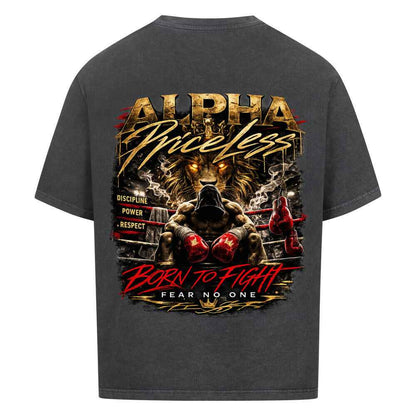 Alpha Priceless Oversized Tee - Built for Discipline. Made to Dominate. Rückansicht mit Löwen-Design und Schlaghandschuhen.