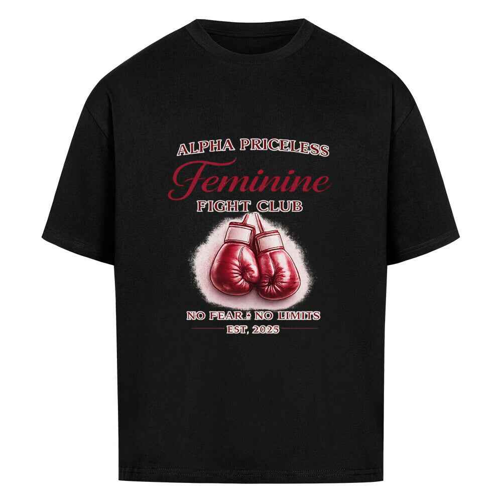 Alpha Priceless - No Fear No Limits Women’s Oversized Shirt mit Boxhandschuhen auf schwarzem Hintergrund.