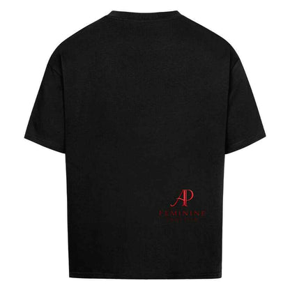 Alpha Priceless - No Fear No Limits Women’s Oversized Shirt Rückansicht in Schwarz mit rotem Logo auf der Rückseite.