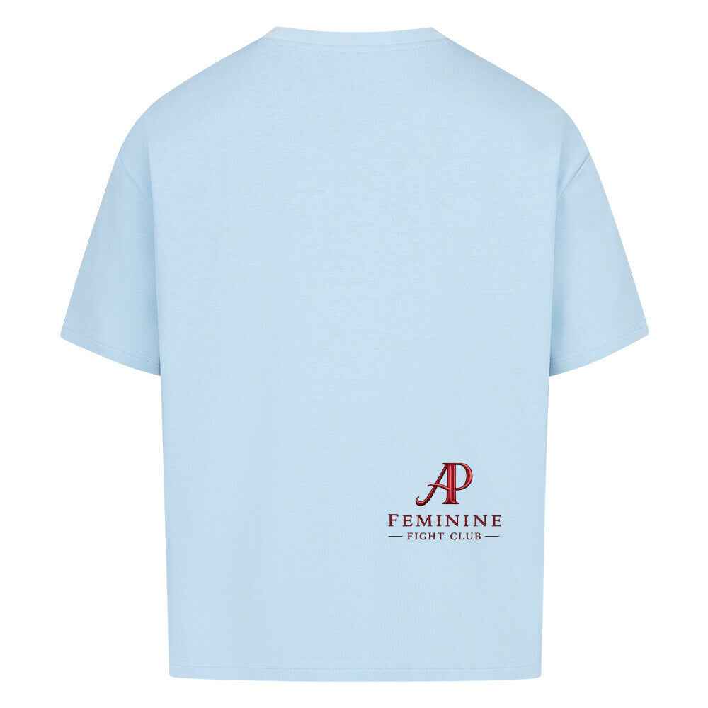 Alpha Priceless - No Fear No Limits Women’s Oversized Shirt in light blue with 'Feminine Fight Club' logo