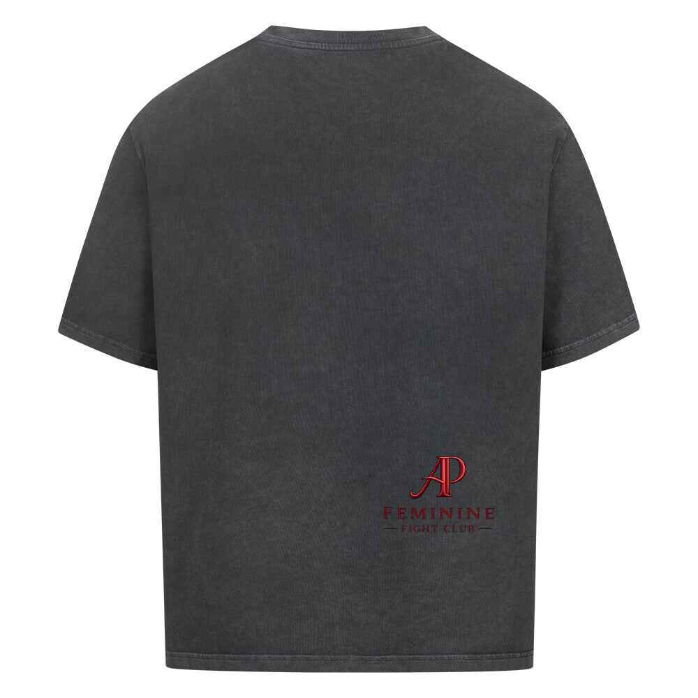 Alpha Priceless - No Fear No Limits Women’s Oversized Shirt in dark grey with Feminine Fight Club logo on the back.
