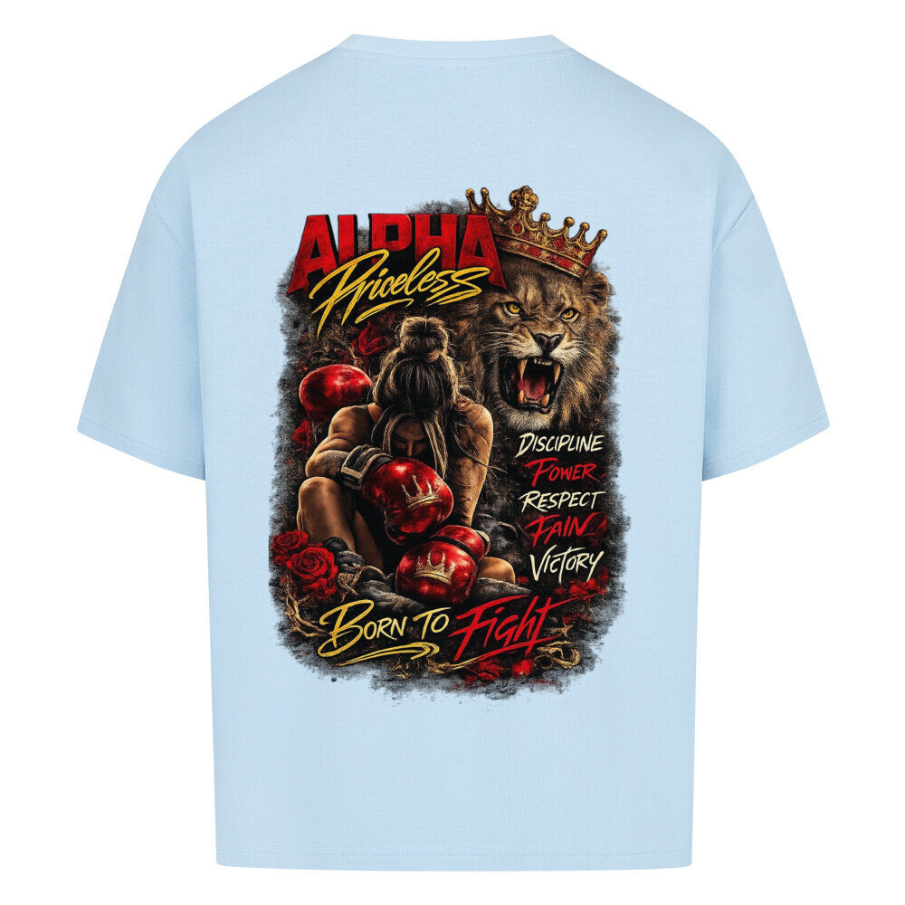 Alpha Priceless - Born to Fight Oversized Shirt Woman mit Grafik eines Boxers und Löwen, in lässigem Stil.