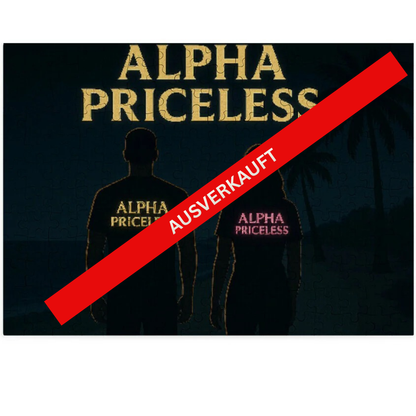 Beach Night Puzzle - Alpha Priceless CalmScape Jigsaw mit silhouttierten Figuren auf einem Strandhintergrund und "AUSVERKAUFT" Stempel.